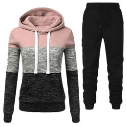 1 Set Hoodie Pants Set Women Two Piece Set Colour Block Large Pocket Autumn Winter Tracksuit Contrast Colour Running Sets Jogger 231222