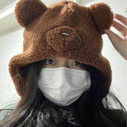 Berets Cute Bear Ears Plush Pullover Hat Fashion Lamb Wool Warm Ear Protection Winter Windproof Flying Bomber Hats For Women's