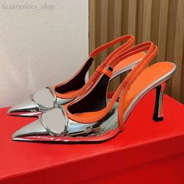 Metallic Letter High Heels Women Retro Fashion Pointed Toes Slingbacks Kitten Heel Sandals 8.5cm Designer Denim Blue Dress Office Party women shoes heels