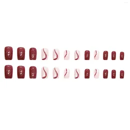 False Nails Square Flash Wine Red Fake Full Cover UV Gel Cherry Color For Women And Girls Nail Decor
