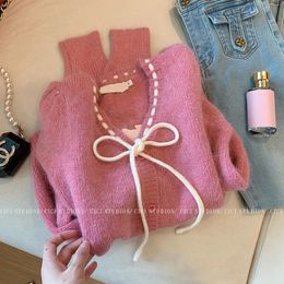 Bowknot Sweet Gentle Wind Pink VNeck Knitted Cardigan Female Autumn And Winter 2023 Puffed Sleeve Sweater Top Soft Thicken 231221