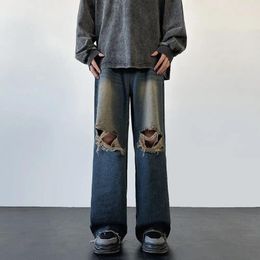 Men's Jeans 2024 Spring Fashion Dark Vintage Distressed American High Street Loose Straight Leg Pants