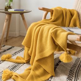 Yellow Blanket Sofa Knit Throw Solid Soft PomPom Tassels Travel 130x160cm Home Chair Couch Bed 50"x62" 231221