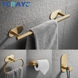 YCRAYS No Drilling Gold Bathroom Accessories Sets Toilet Tissue Roll Paper Holder Towel Rack Bar Rail Ring Robe Hook Hardware 231222