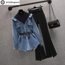 Korean Autumn Style Personalised Denim Splice Shirt Casual Wide Leg Trousers Two Piece Elegant Women's Pants Set 231221