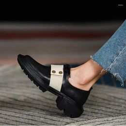 Dress Shoes Square Toe Leather Women Spring Autumn Cowhide Med Heel Loafers Woman Platform Thick Sole Prom Career