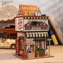 3D Puzzles DIY Wooden Hong Kong Tea House Storage Box Model Building Kits City Street View 3D Puzzle Handmade Crafts Gifts Desk Decoration YQ231222