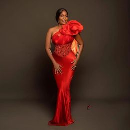 New Red Mermaid Prom Dress African Formal Gown Satin Beads 3D Flower Evening Dresses Aso Ebi Celebrity Party Gowns Vestidos