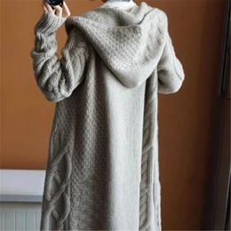 Spring Autumn Women's Sweater Large Size Hooded Knit Cardigan Long Coat Ladies Sleeve Jacquard Jacket 231221