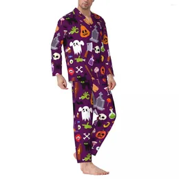 Men's Sleepwear Happy Halloween Pajamas Men Funny Pumpkin Lovely Sleep Nightwear Autumn Two Piece Vintage Oversize Printed Pajama Set