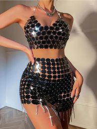 Work Dresses Sexy See Through Black Sequin Festival Outfit Women 2023 Hollow Out Backless Crop Top Luxury Rhinestone Tassel Skirt 2 Piece