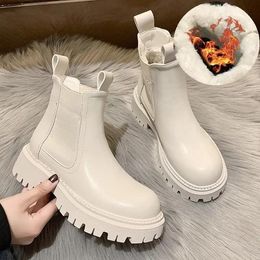 Boots New Autumn Winter Chelsea Boots Women Platform Brown Black Beige White Ankle Boots For Women Fur Short Chunky Punk Gothic Shoes