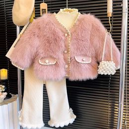 Jackets Winter Girls Fur Jacket Fashion Cotton Padded Kids Princess Coats Warm Plush Bottoming Shirt Thick Fleece Pants 2 3 4 5 6 7Yrs