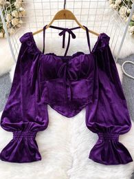 Women's Blouses Purple Velvet France Vintage Blouse Women 2024 Casual Elegant Halter Collar Female Flare Sleeve Designer Retro Y2k