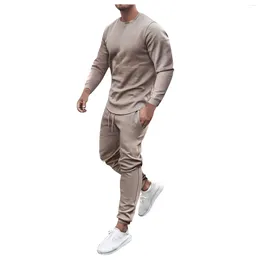 Men's Tracksuits Sports Casual Suit Simple Round Neck Pullover Fleece Top And Nine-Point Sweatpants Solid Colour Morning Jogging Autumn