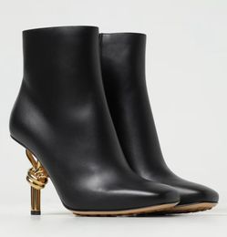 Famous Winter Brand Women Knot Ankle Boot Gold Finished Metal Heels Smooth Calfskin Rubber Sole Booties Square Toe Party Dress Booty