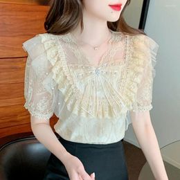 Women's Blouses Chic Lace Elegant 2024 Summer Ruffle Fairy Korean Chiffon Shirt Short Sleeve With Embossed Bow Top Casual LJ203