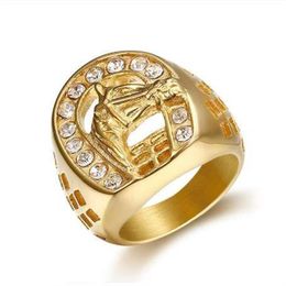QMHJE Animal Horse Titanium Steel Gold Color Clear CZ Men Ring Wedding Jewelry Punk Rock Male Biker Band Hip Hop Rings DAR234239H