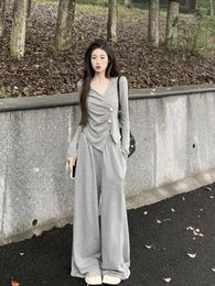 Women's Two Piece Pants Grey Knit Women Suit Long Sleeved Top High Waisted Autumn Korean Style Lazy Pleated Shirt Loose Sweet Gentle