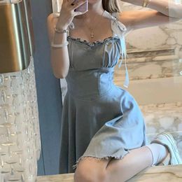 Casual Dresses Sexy Spicy Girl Style Bandage Denim Dress Women's Waist Retraction Slim Fit Short Strap Summer Mini Vestidos