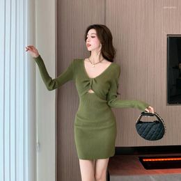 Casual Dresses Women V-Neck Hollow Out Two Sides Knitted Dress 2023 Autumn Winter French Elastic Slim Sexy Wrap Buttocks Short Skirt