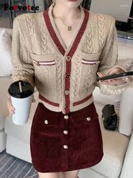 Women's Knits Fahsion Cropped Cardigan Sweaters For Women Autumn Winter 2023 Vintage V-Neck Knitted Coat Long Sleeve Top