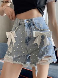 Women's Shorts Sweet Lolita Style Denim Summer Women Harajuku Chic Bow Pearl Short Pants Female Sexy High Waist Hole Y2k Hip Hop Jeans