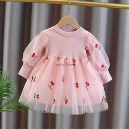 Girl's Dresses Spring And Autumn Girls' Long Sleeve Dress With Cherry Embroidery And Mesh Panel For Children'S Daily Sweet Princess DressL231222