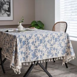 Cotton Dining Tablecloth Cover with Floral Print and Orchid Pattern In Beige Wedding Birthday Rectangular Round Linen Fabric 231221