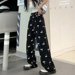 Women's Pants Sweet Cool Women Autumn Cherry Pattern Printing Slimming Loose Wide-leg High Waist Drape Mopping Trousers