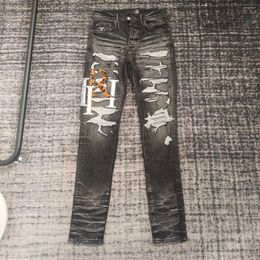 Men's Jeans Tide Brand Washed Letter Splicing Embroidery Broken Hole Slimming Skinny Man High Street