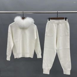 Women's Two Piece Pants MENINA BONITA 2023 Women's Suit Fashion Casual Lounge Set Knitted Solid Loose Hoodie With Real Fur Collar Fall