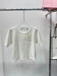 Women's Blouses 2023 Summer Spring Sequin Nylon Knitted Round Neck Short Sleeve T-shirt Slim Fit Top