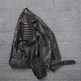 Men's Jackets Layer Cowhide Leather Coat Handmade Retro Distressed Motorcycle Cycling Clothing Turn-down Collar