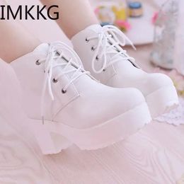 Boots 2019 Women's Single Boots New Horse Boots Square Heel Round Toe Spring High Heel Boots LaceUp Plus Size 3545