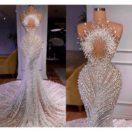 Stunningbride 2024 Luxury Mermaid Wedding Dresses Sleeveless Bateau 3D Lace Appliques Pearls Sequins Beaded Sexy Pearls Hollow Floor Length Plus Size Bridal Gowns