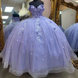Lavender Quinceanera Dresses Flower dress Tulle Beading Off The Shoulder Party Dress Appliques Lace Up Court Train Prom Ball Gown