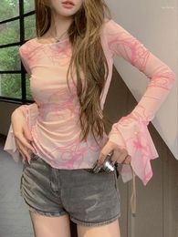Women's T Shirts Pink Tie Dye Mesh Tops Women Summer Long Sleeve See Through Slim Sunscreen Shirt Grunge Aesthetic Girl Skinny Y2k Clothes