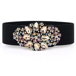 Belts Fashion Women Wide Elastic Waist Belt Colourful Rhinestone Crystal Flower Lady Girls Stretch Waistband Cummerbund For Dress251q