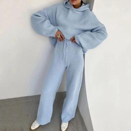 Women's Two Piece Pants Choichic Knitted Sweat Suits Women Matching Sets Long Sleeve Hoodie Wide-Legged Loungewear Sweater Set 2 Outfits