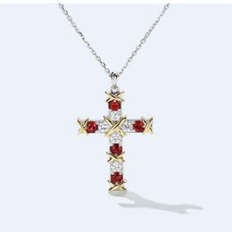 Brand Classic Ins Top Selling Luxury Jewelry 925 Sterling Silver Cross Pendant Ruby White CZ Diamond Party Women Link Chain Neckla264o