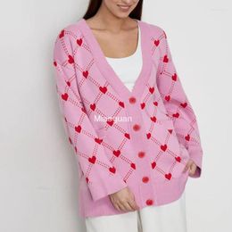 Women's Knits Pink Hearts Print Oversize Cardigan Soft V-neck Thiick Knitted Jacket Winter Button Vintage For Female Fashion