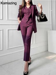 Fashion Women Office 3 Piece Set Korean Formal Business Outfits Button Jackets V Neck Vest Pants Suit Female Clothing 231221