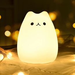 Cute Cat Night Light 7 Colours Silicone Nursery Lamp for Kids Tap Control Energy Saving LED Gifts Girls Boys 231221