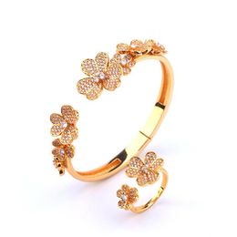 Crystal Flower Bangles For Women Rose Gold Silver Colour Crystal Cuff Bracelets Floral Rings Girl Friend Gifts278H