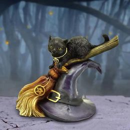 Cute Bewitched Black Cat Ornament Magic Cat Figurine Table Art Gift Miniatures Gothic Home Decor Halloween Desk Decoration 231222