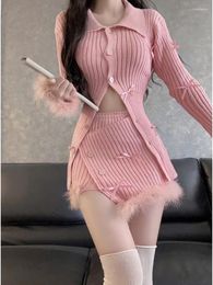 Work Dresses 2023 Autumn Pink Knitted Suit Woman Kawaii Elegant Set Korea Fashion Clothing Casual Sweater Slim Bodycon Y2k Mini Skirt