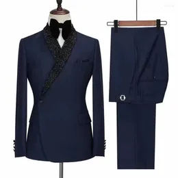 Men's Suits Fashion Navy Blue 1 Button Men Costume Homme Wedding Tuxedos Groom Party Prom Blazer Trousers Slim Fit 2 Pcs Jacket Pants