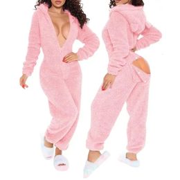 Women Winter Warm Onesies Fleece Romper Pajamas Solid Open Gear LongSleeve Zipper V Neck Hooded Sleepwear Sexy Homewear 2024 231221