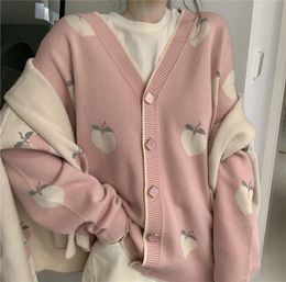 2023 Women Korean Cute Pink Coat Cardigans Indie Strawberry Knitted Oversized Jacket Fall Sweet Long Sleeve Sweater Cardigan 231221